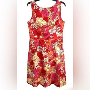 Ombre Dress Red Multi Floral Fit & Flare Sleeveless Round Neck Front Sz14